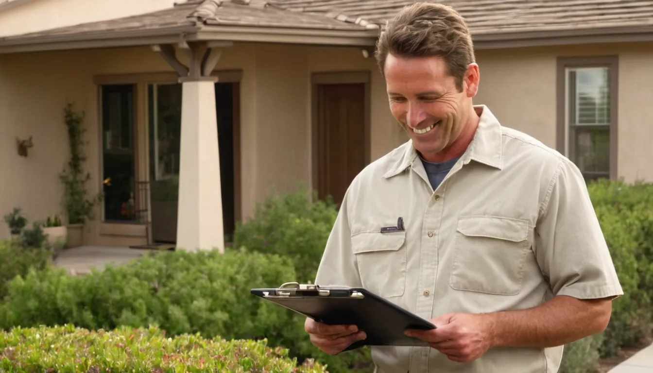Friendly home pest control provider talking with a homeowner at the front door of a stucco home in Ontario