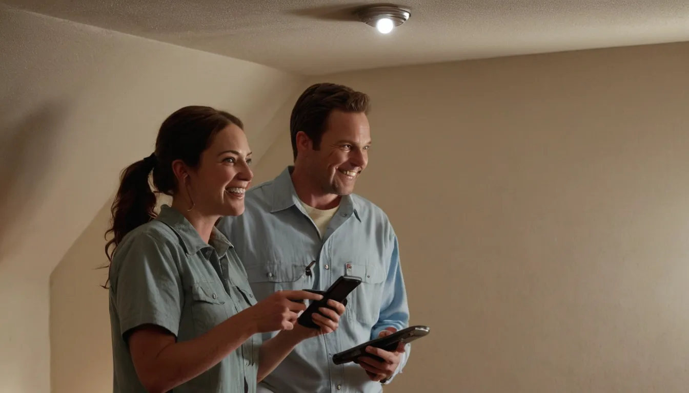 Friendly pest control provider inspecting an attic with a flashlight while a homeowner looks on in a Ontario home